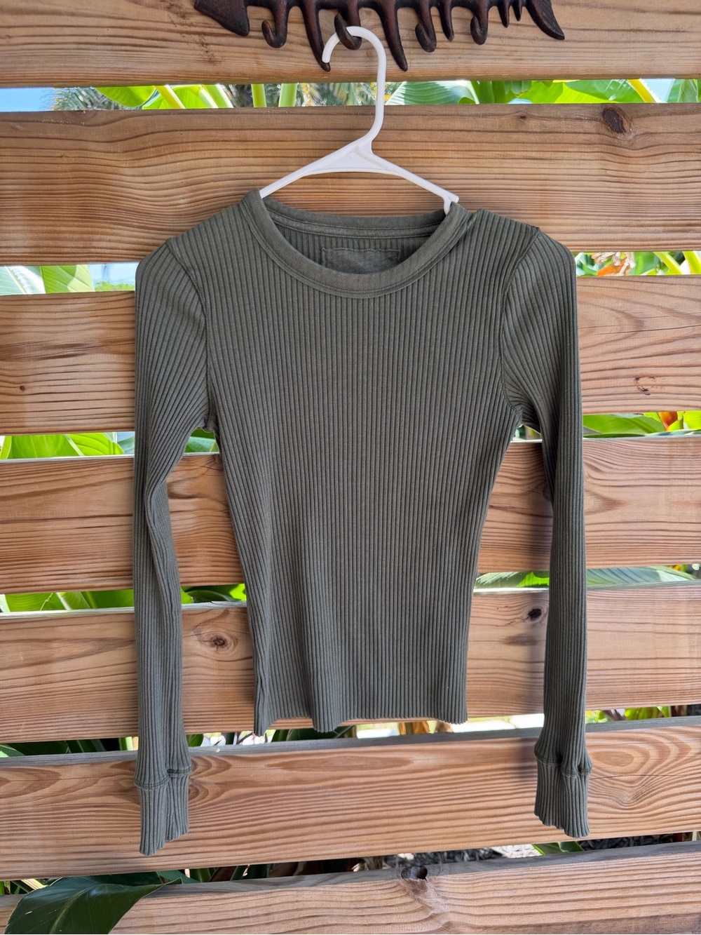 aerie Ribbed Long-Sleeve Crewneck Top in Olive